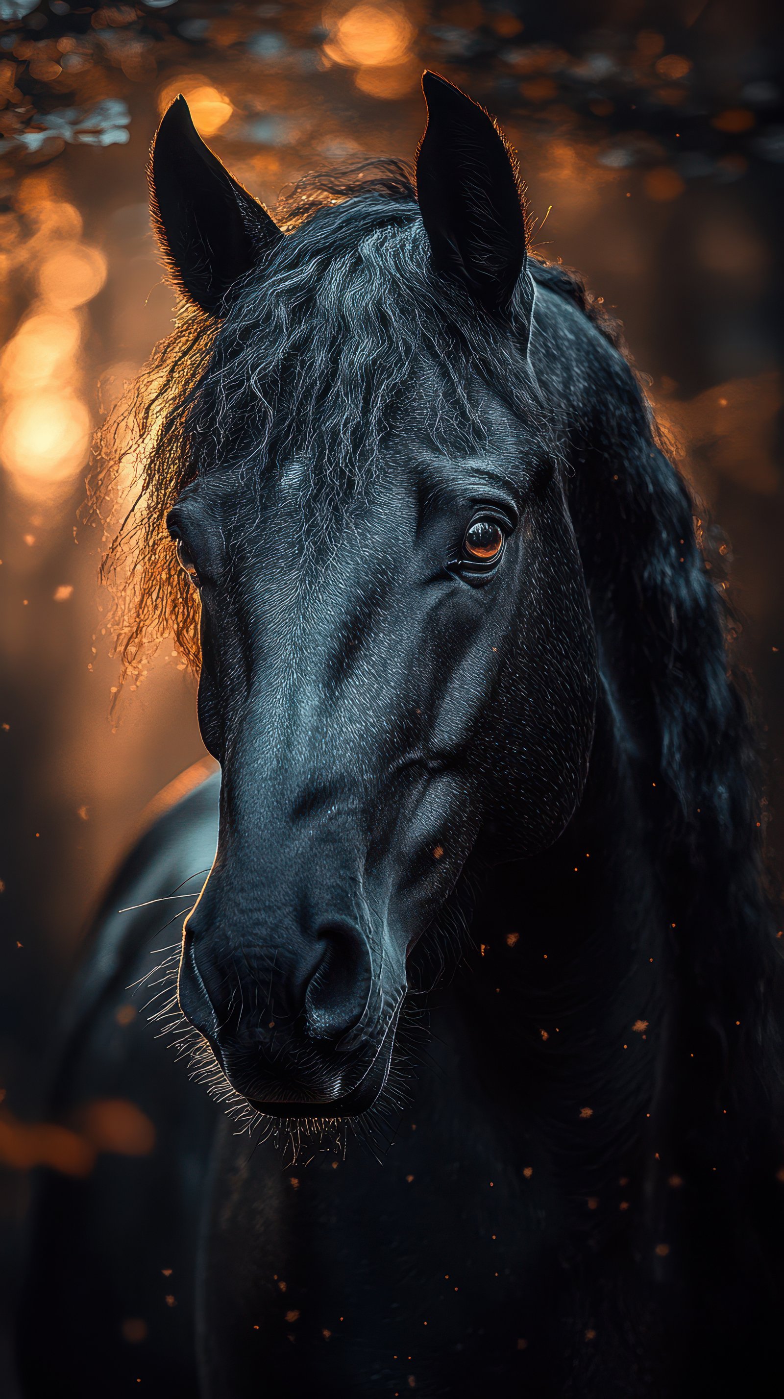 Elegant black horse standing in a tranquil forest during golden hour light